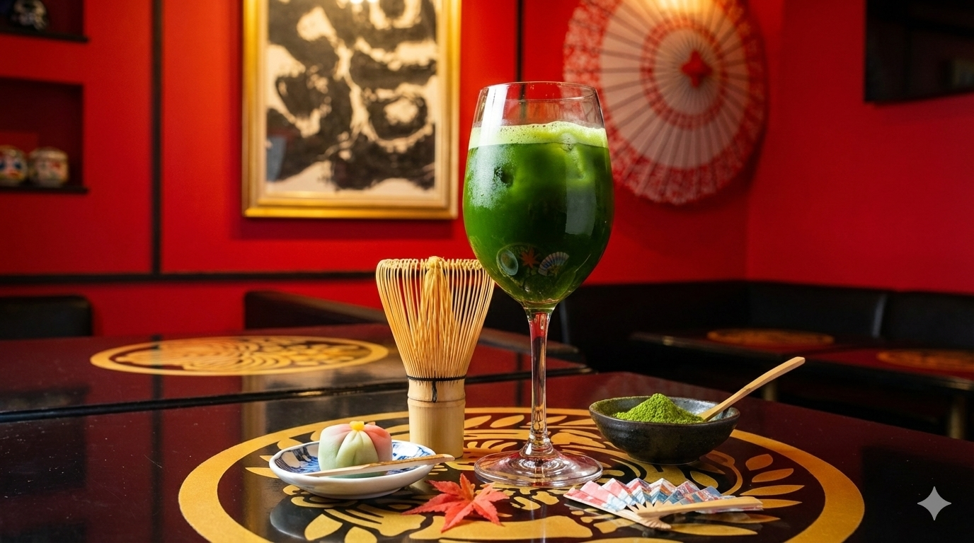 Close-up of a vibrant green matcha cocktail at a Tokyo bar