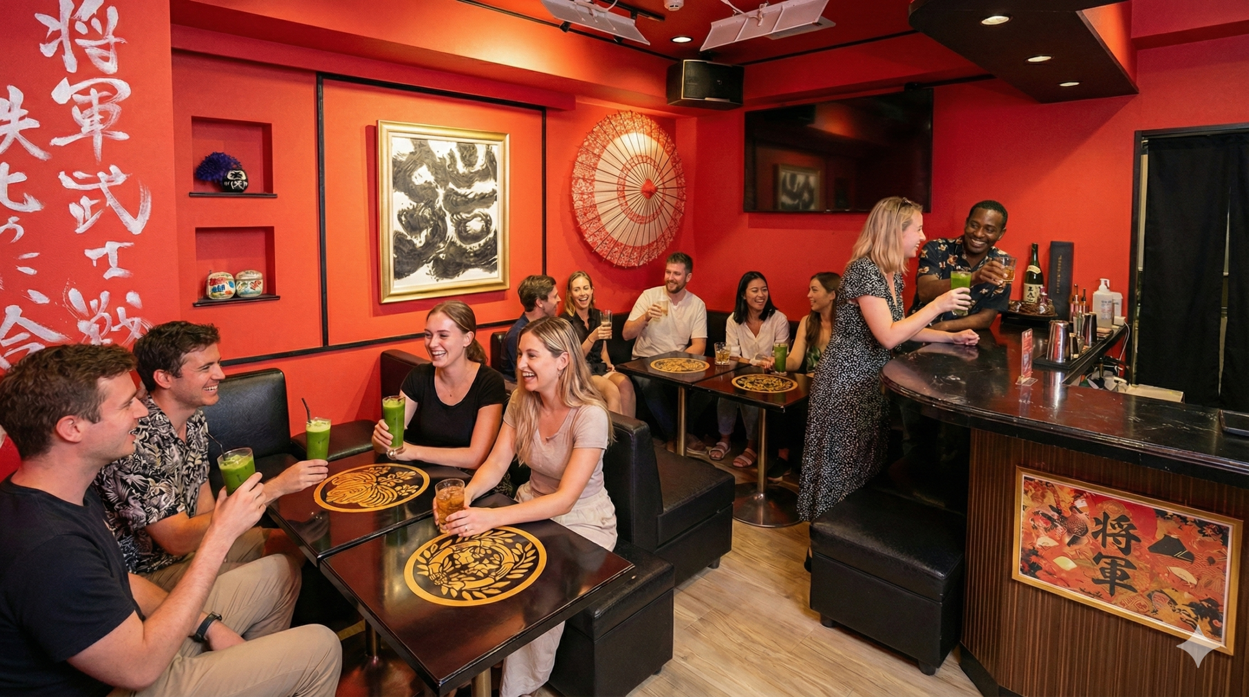 Samurai themed bar in Ikebukuro with foreign guests enjoying matcha cocktails and Japanese whisky