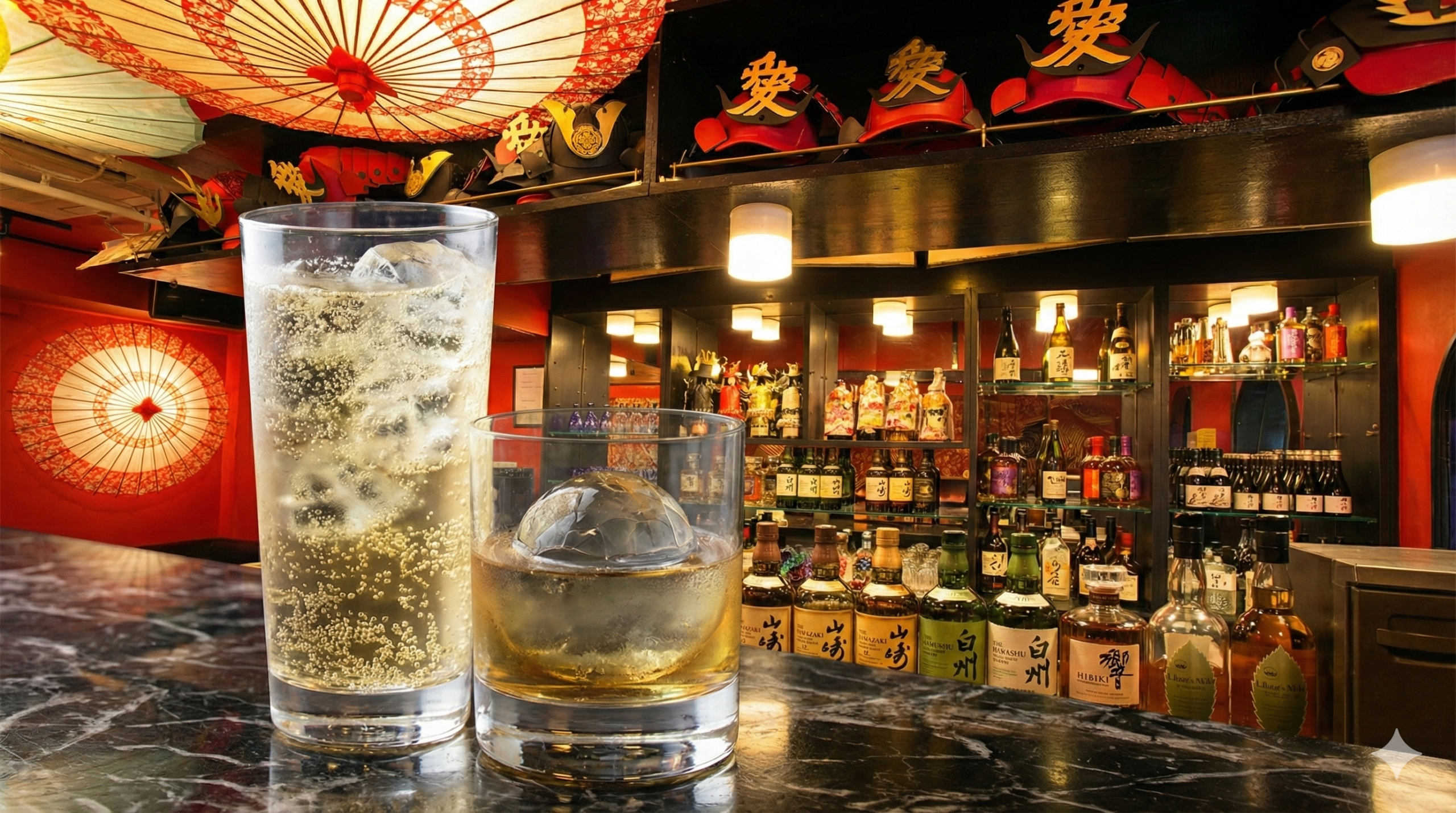 Japanese whisky highball and whisky on the rocks at SHOGUN BAR Tokyo